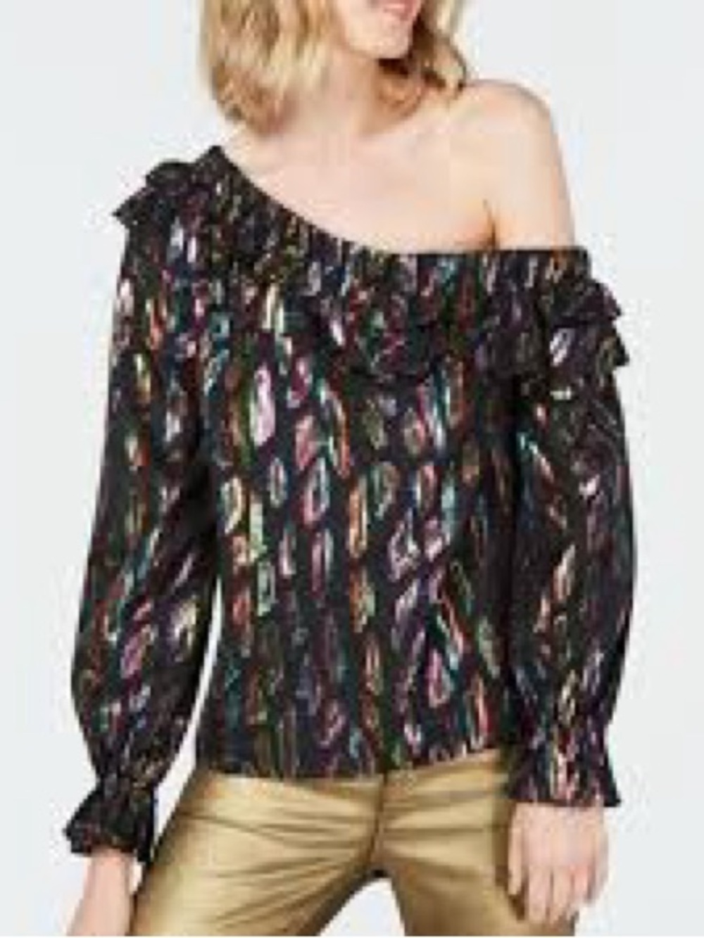 Rachel Zoe One-Shoulder Black Metallic Multi-Color Ruffle Top